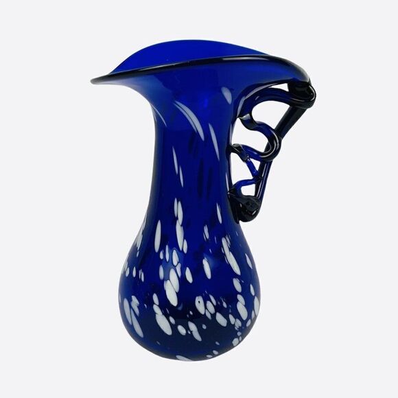 VTG Blue Speckled Blown Art Glass Pitcher White Splatter Swirl Applied Unique - Picture 5 of 12